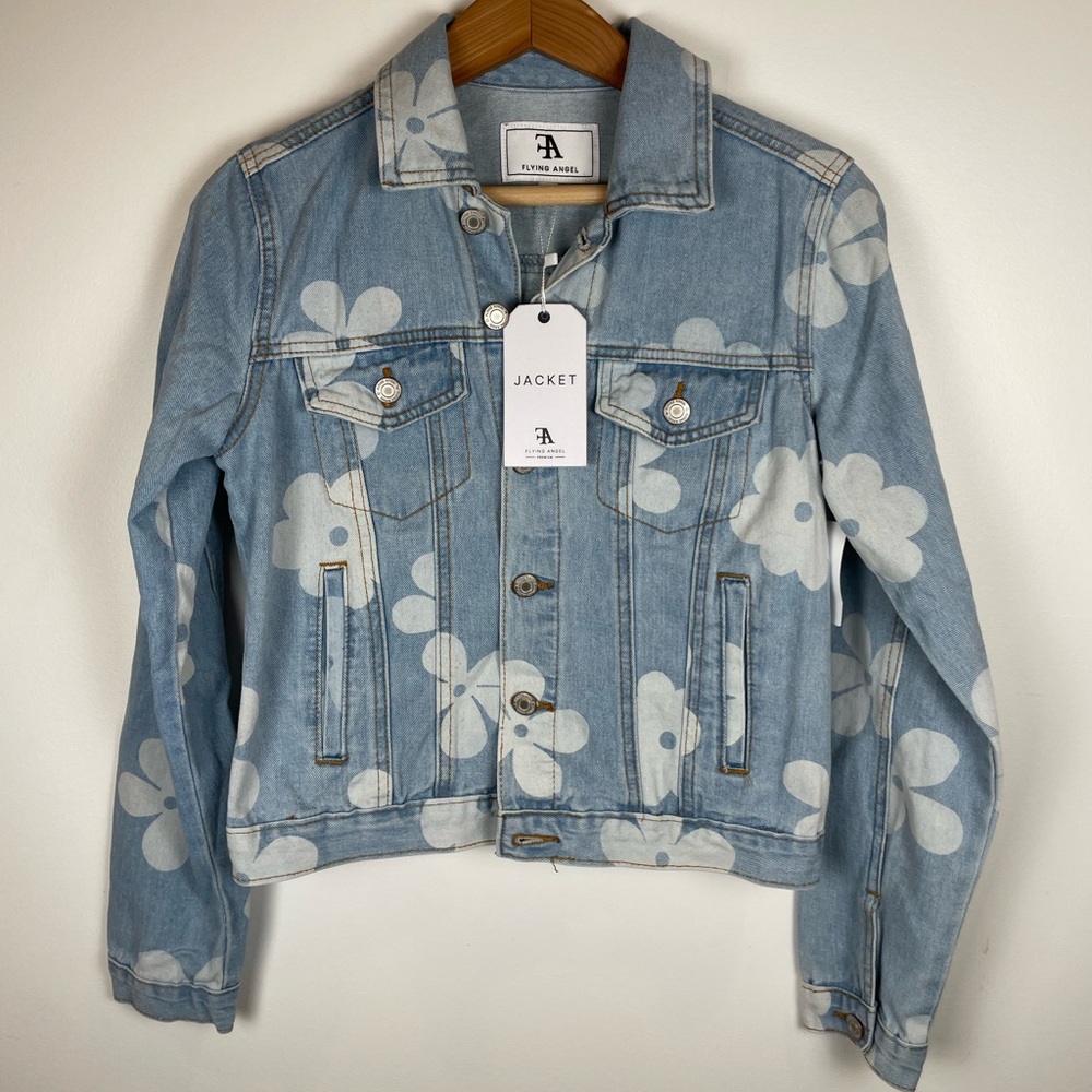 NWT Flying Angel Light Blue Floral Denim Jean Jacket Summer Spring